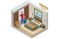 Isometric Modern Bedroom Suite in Hotel. Hotel Checking in and Having Rest in Their Rooms. Enjoy the Holiday and Royalty Free Stock Photo