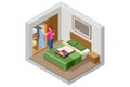 Isometric Modern Bedroom Suite in Hotel. Hotel Checking in and Having Rest in Their Rooms. Enjoy the Holiday and Royalty Free Stock Photo