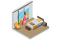 Isometric Modern Bedroom Suite in Hotel. Hotel Checking in and Having Rest in Their Rooms. Enjoy the Holiday and Royalty Free Stock Photo