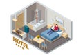 Isometric Modern Bedroom Suite in Hotel. Hotel Checking in and Having Rest in Their Rooms. Enjoy the Holiday and