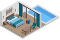 Isometric Modern Bedroom Suite in Hotel. Luxury Gotel and Exterior Design Pool Villa with Living Room, Sunbed and Sofa Royalty Free Stock Photo