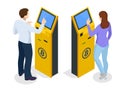 Isometric modern Bitcoin ATM. Cryptocurrency cash dispenser. Buying and selling bitcoins, one of new era cryptocurrency