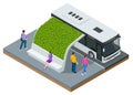 Isometric modern bus stop with lawns on the roof in the city eco park, roofs are covered with green grass. Royalty Free Stock Photo