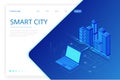 Isometric Modern city. Concept website template. Smart city with smart services and icons, internet of things, networks Royalty Free Stock Photo