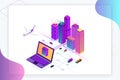 Isometric Modern city. Concept website template. Smart city with smart services and icons, internet of things, networks Royalty Free Stock Photo