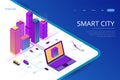 Isometric Modern city. Concept website template. Smart city with smart services and icons, internet of things, networks Royalty Free Stock Photo