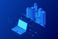 Isometric Modern city. Concept website template. Smart city with smart services and icons, internet of things, networks Royalty Free Stock Photo