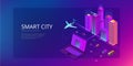 Isometric Modern city. Concept website template. Smart city with smart services and icons, internet of things, networks Royalty Free Stock Photo