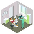 Isometric Modern dental practice. Dental chair and other accessories used by dentists in blue, medic, reception, detail