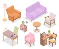 Isometric modern furniture for living room. Domestic and office equipment. Home constructor. Armchair, sofa, coffee table, chair. Royalty Free Stock Photo