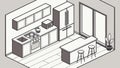 Isometric Modern Kitchen with Island Line Art, vector design Generative AI Royalty Free Stock Photo