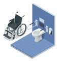 Isometric modern restroom for disabled people. Bathroom for the elderly and disabled, with grab bars and wheelchair Royalty Free Stock Photo