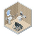 Isometric modern restroom for disabled people. Bathroom for the elderly and disabled, with grab bars and wheelchair Royalty Free Stock Photo