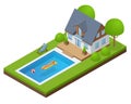 Isometric Modern Villa outdoor with swimming pool. Enjoying suntan woman in bikini and man on the inflatable mattress in