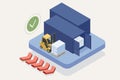 Isometric modern warehouse with forklift. Large metal containers for transportation. Delivery of cargo, shipping.
