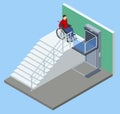 Isometric modern wheelchair lift near the building. The special elevator for the disabled. Adaptation for people with