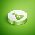 Isometric Money bag icon isolated on green background. Dollar or USD symbol. Cash Banking currency sign. White circle Royalty Free Stock Photo