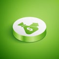 Isometric Money bag icon isolated on green background. Dollar or USD symbol. Cash Banking currency sign. White circle Royalty Free Stock Photo