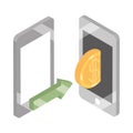 Isometric money cash currency smartphone transfer isolated on white background flat icon Royalty Free Stock Photo