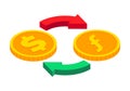 Isometric money exchange icon. Dollar to Netherlands Antillean guilder cash exchange. Gold coins with circle arrows sign