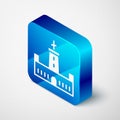 Isometric Montjuic castle icon isolated on grey background. Barcelona, Spain. Blue square button. Vector