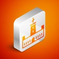 Isometric Montjuic castle icon isolated on orange background. Barcelona, Spain. Silver square button. Vector