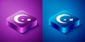 Isometric Moon and stars icon isolated on blue and purple background. Square button. Vector