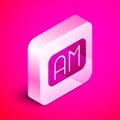 Isometric Morning time icon isolated on pink background. Time symbol. Silver square button. Vector