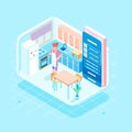 Isometric mother opening mobile banking transacting while working in the kitchen user interface illustration template Royalty Free Stock Photo