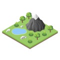 Isometric mountain lake in the woods.