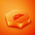 Isometric Mountains icon isolated on orange background. Symbol of victory or success concept. Orange hexagon button