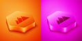 Isometric Mountains icon isolated on orange and pink background. Symbol of victory or success concept. Hexagon button
