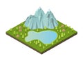 Isometric mountains with lake and trees