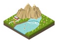 Isometric mountains with waterfall, river, house, and trees