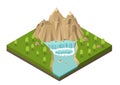 Isometric mountains with waterfall, river, and trees