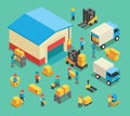 Isometric moving cargo and warehousing employees
