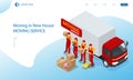 Isometric Moving Company Worker Carrying Boxes and Furniture, Truck Delivering. Delivery Truck Full of Home Stuff Inside