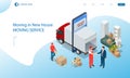 Isometric Moving Company Worker Carrying Boxes and Furniture, Truck Delivering. Delivery Truck Full of Home Stuff Inside