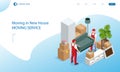 Isometric Moving Company Worker Carrying Boxes and Furniture, Truck Delivering. Delivery Truck Full of Home Stuff Inside