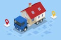 Isometric Moving Company Worker Carrying Boxes and Furniture, Truck Delivering. Delivery Truck Full of Home Stuff Inside Royalty Free Stock Photo