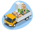 Isometric Moving Company Worker Carrying Boxes and Furniture, Truck Delivering. Delivery Truck Full of Home Stuff Inside Royalty Free Stock Photo