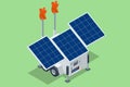 Isometric multifunctional electricity generator. Solar panels, wind panels and a diesel generator all-in-one.