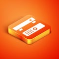 Isometric Multimedia and TV box receiver and player with remote controller icon isolated on orange background. Vector