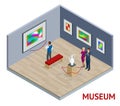 Isometric museum interior or art gallery concept. Exhibitions prehistory medieval history artefacts and art.