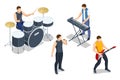 Isometric music band group perform on a concert stage. Drummer playing drums, rock star guitarist playing electric