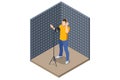 Isometric Music Recording Studio. Studio microphone. Soundproof wall in sound studio Man singing into a condenser Royalty Free Stock Photo