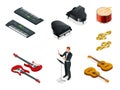 Isometric Musical instruments icons vector realistic set