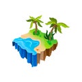 Isometric nature landscape with water, sandy shore, palm trees and green grass. Colorful floating island. Vector design