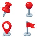 Isometric navigation icon set featuring a red pushpin, map pointer, location pin, and flag for map applications and Royalty Free Stock Photo