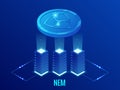 Isometric NEM Cryptocurrency mining farm. Blockchain technology, cryptocurrency and a digital payment network for